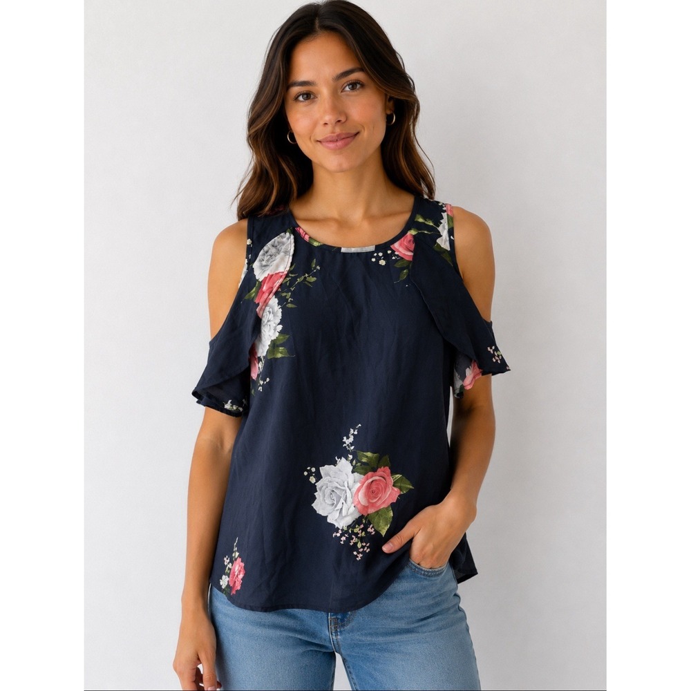 Women's‎  Floral Navy Top Short Sleeve Cold Shoulder Size Large